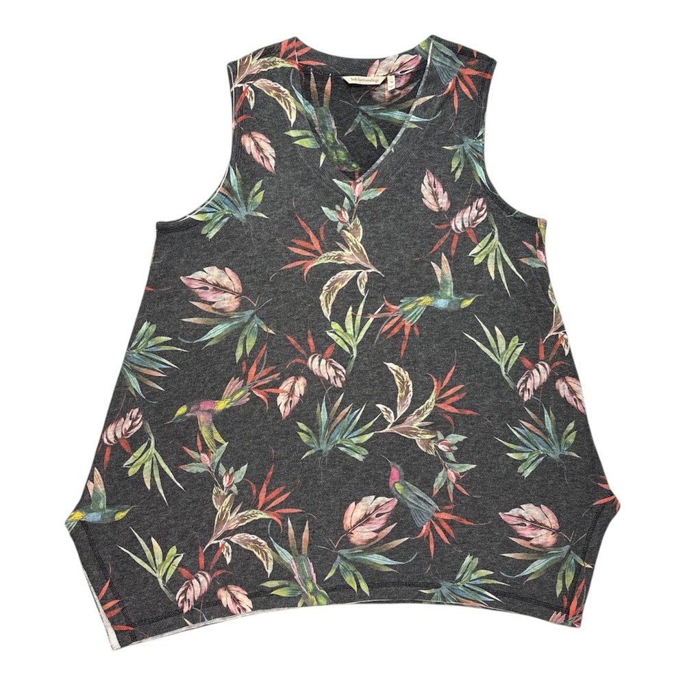 Soft Surroundings Hummingbird Tank 1X Gray Floral Sharkbite Lagenlook Artsy Boho